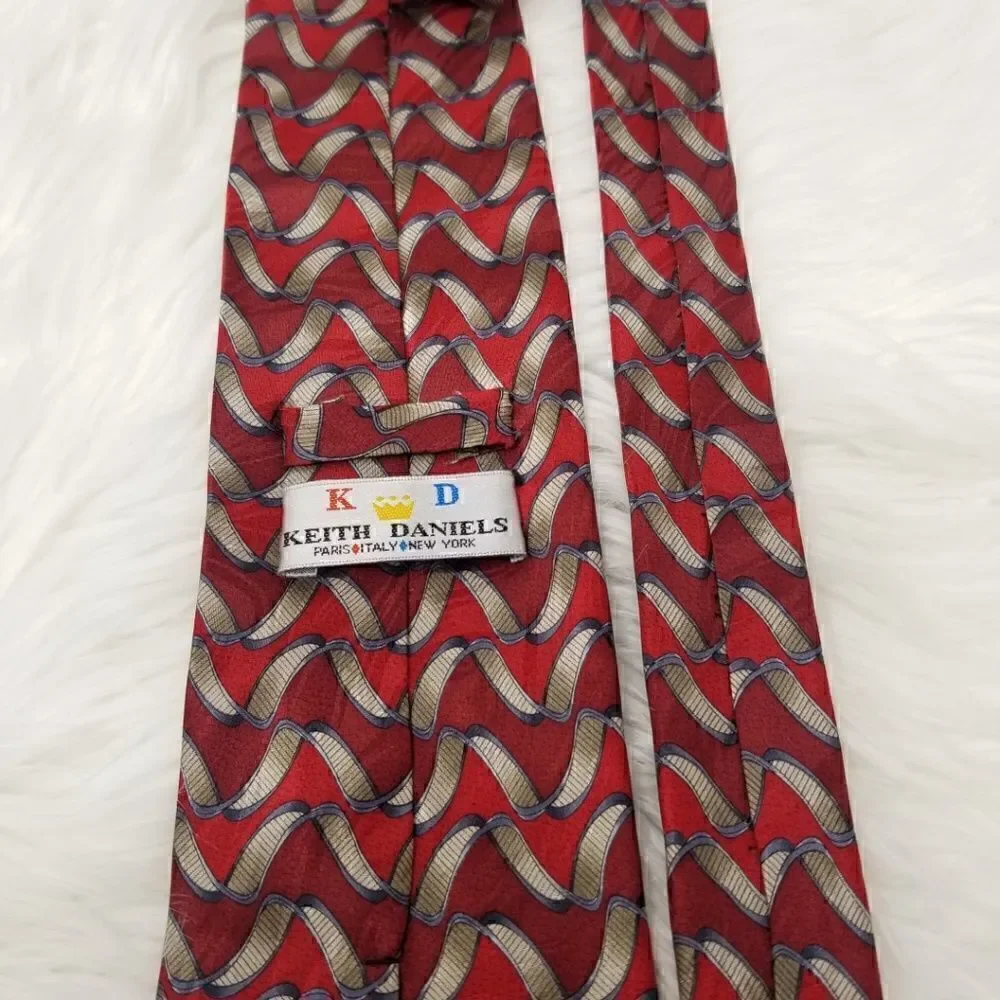 Keith Daniels Red & Gray Ribbon Print Silk Tie